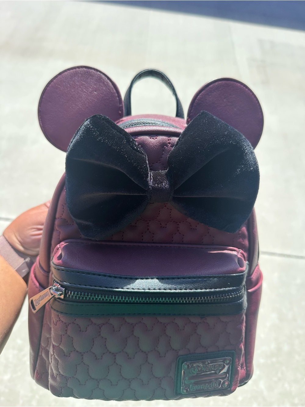 Disney loungefly backpack maroon color with black velvet bow